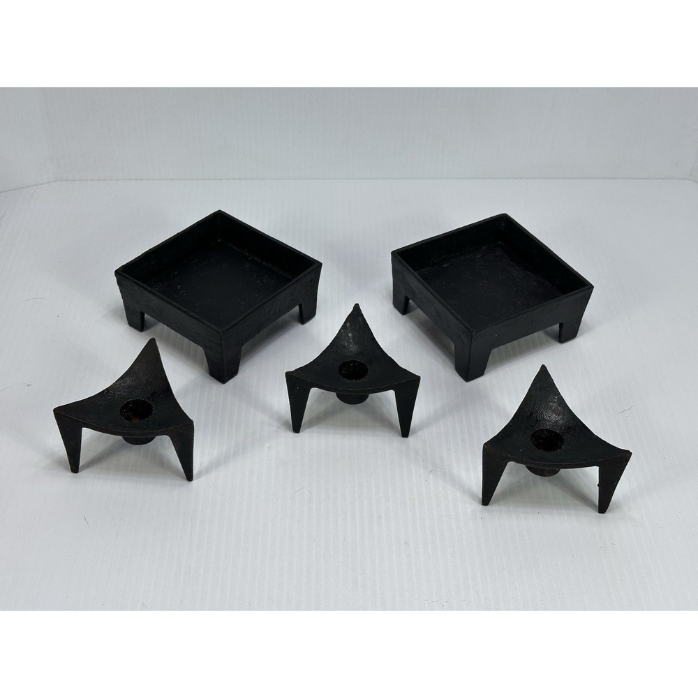 VTG 3 Brutalist MCM Cast Iron Tripod Candle Holders Minimalist 2 Square Holders